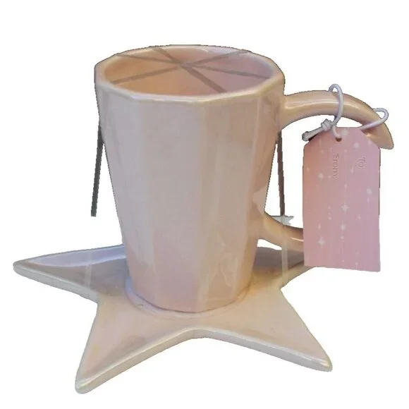 New Pink Ceramic Coffee Cup Mug Tea W/ Star & Moon Handle & Saucer Plate Set - Picture 1 of 3